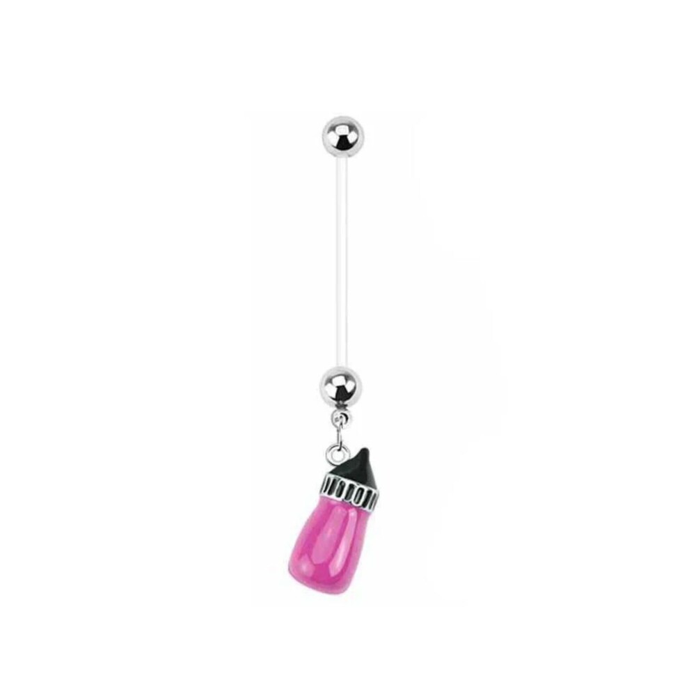 Pregnancy Navel Ring – Pink Baby Bottle Dangle – 14G 1” Flexible Bioflex